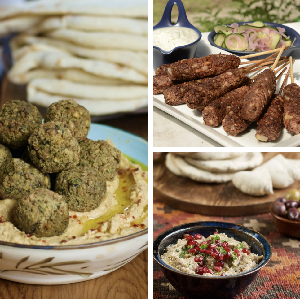 A collage featuring three Middle Eastern dishes: top left shows a plate of falafel balls on a bed of creamy hummus, with stacks of flatbreads in the background; top right displays a platter of grilled kofta skewers accompanied by a bowl of tzatziki sauce and a salad with pickled onions; bottom right features a bowl of moutabel (smoky eggplant dip) garnished with pomegranate seeds and fresh herbs, alongside a serving of flatbreads and olives